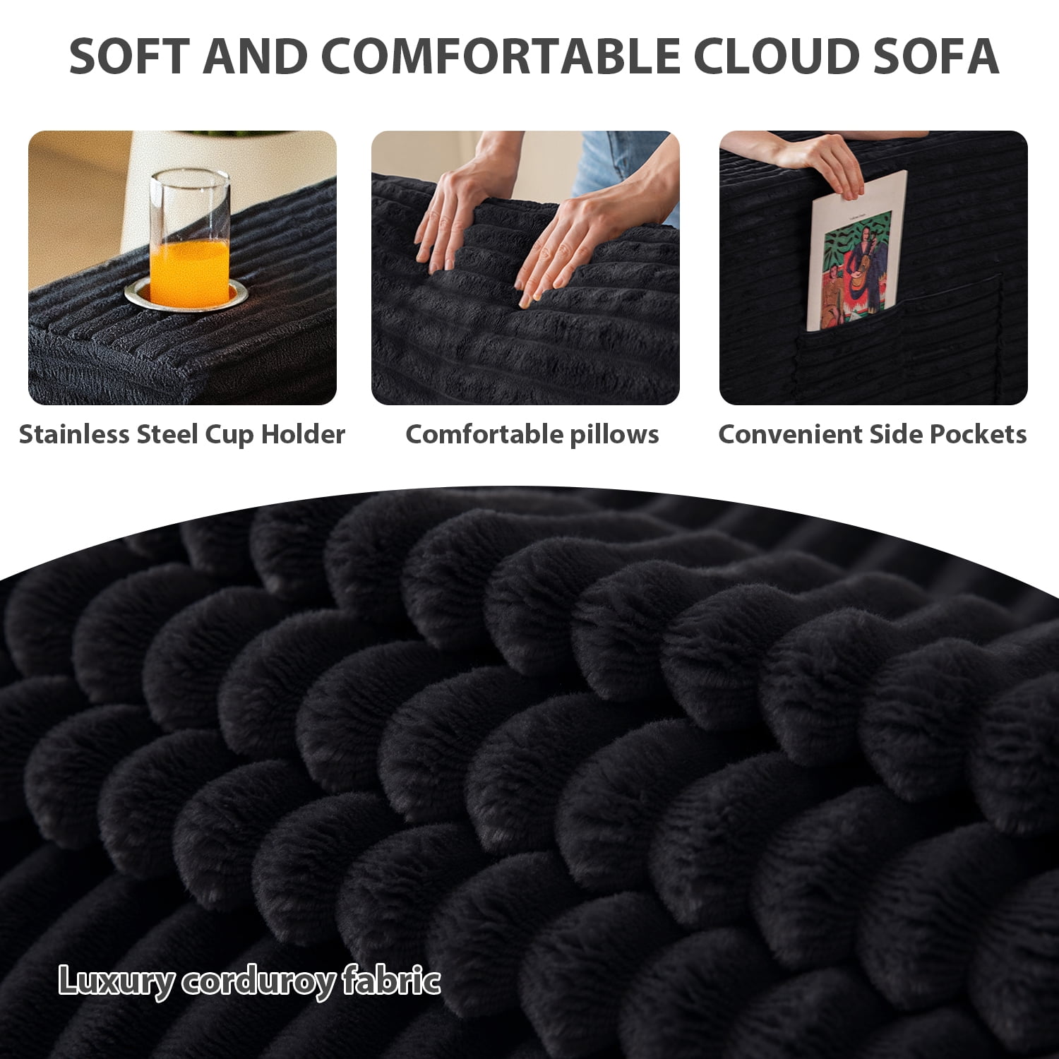 BYBYME 78.7" Corduroy Cloud Floor Sofa,Modular Comfy Small Cloud Couch for Small Spaces,Boneless Sofa for Living Room,No Assembly,3-Seater,Black