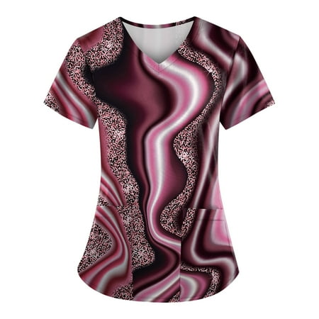 

QAZXD Womens Tops Women Fashion Spring And Summer Oil Painting Print V-neck Short Sleeve Scrub Tops With Pockets Tops