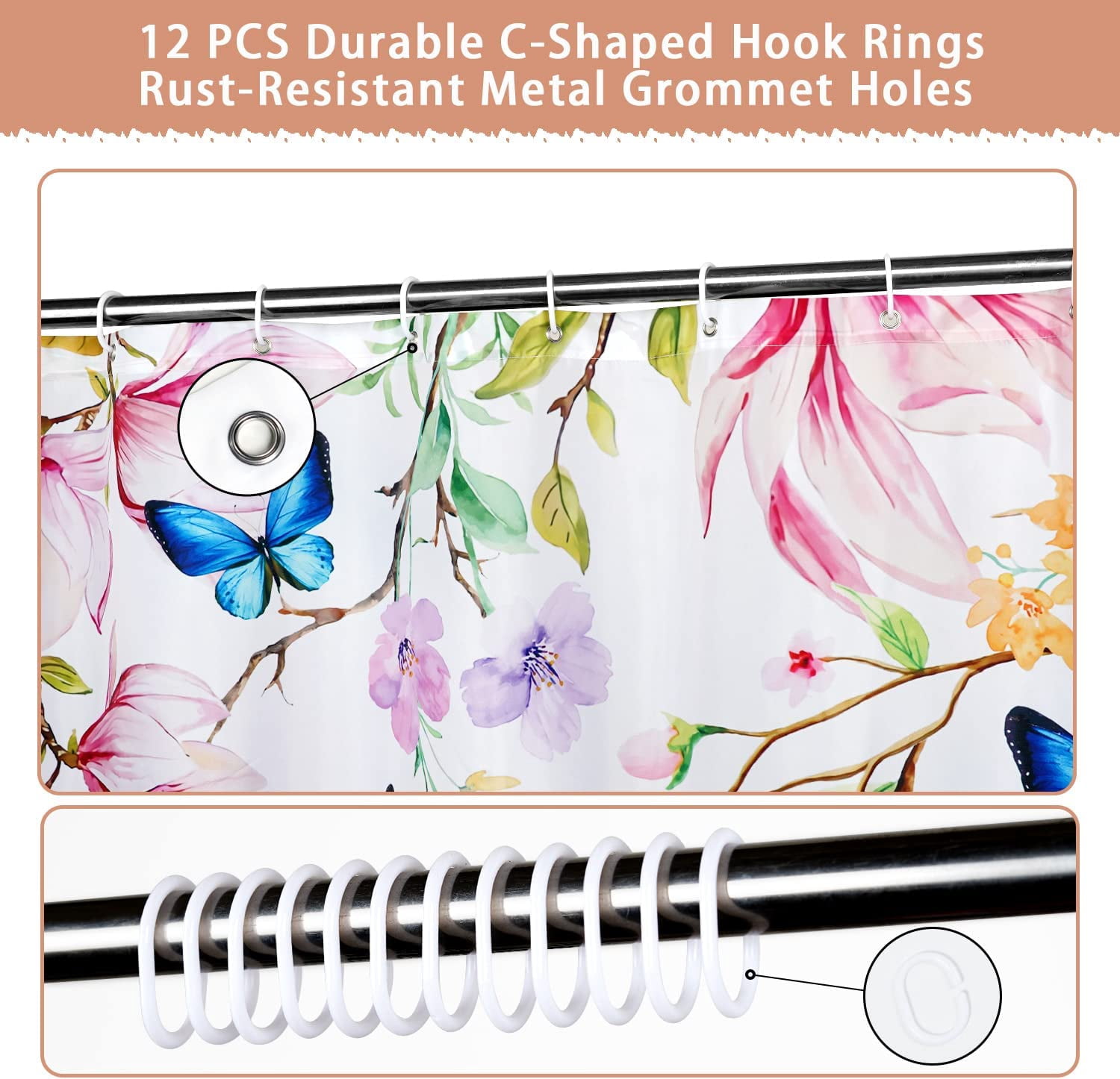 Watercolor Flower Hummingbird Shower Curtain for Bathroom Set Modern Floral Bird Home Bathtub Decor with 12 Hooks Washable Durable Polyester Fabric 72"x72"