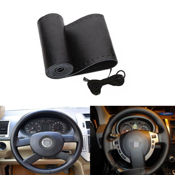 Black Leather DIY Car Steering Wheel Cover Anti-slip For Dia 15"/ 38 cm