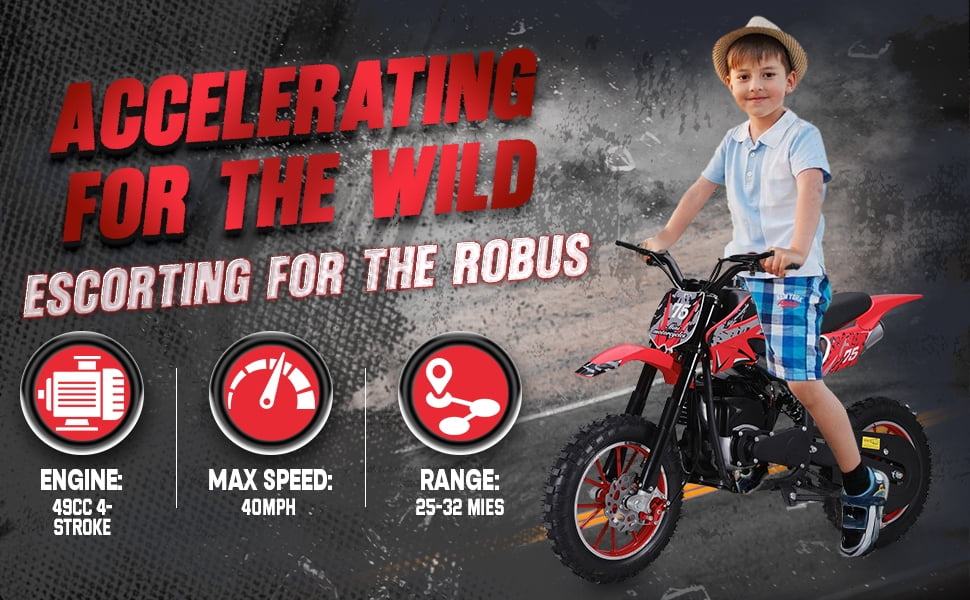 Dapmiu Safe Kids Off-Road Motorcycle 49CC - 4-Stroke Engine with Shock Absorption, 10" Tires & Aluminum Rims for Stability Red
