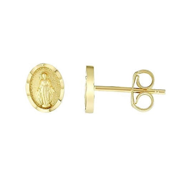 JewelStop 14K Yellow Gold 7.5x6mm Diamond-Cut Oval Post Religious Earrings with Push Back Clasp