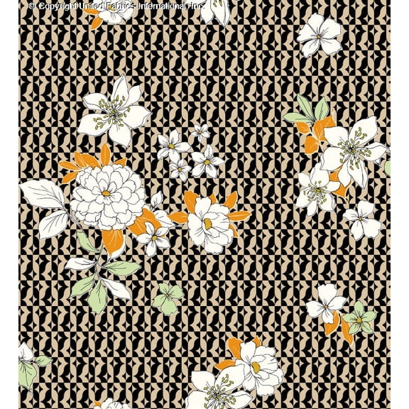 Challis Rayon Printed Lareina, Floral Fabric, Dress Fabric, Sewing Fabric (BLACK/ORANGE/OFFWHIT, ByYard)