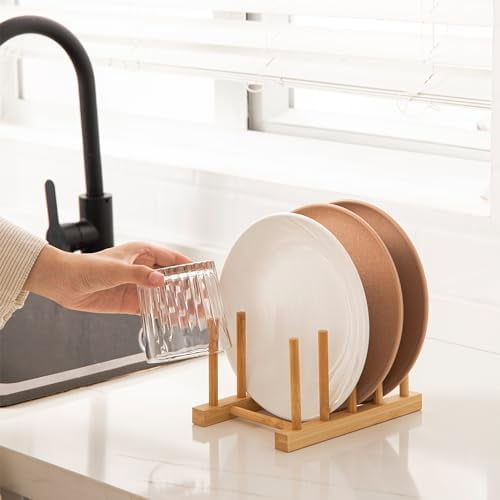 4pcs Bamboo Dish Plate Bowl Cup Book Pot Lid Cutting Board Drying Rack Stand Drainer Storage Holder Organizer Kitchen Cabinet（Keep Dry）