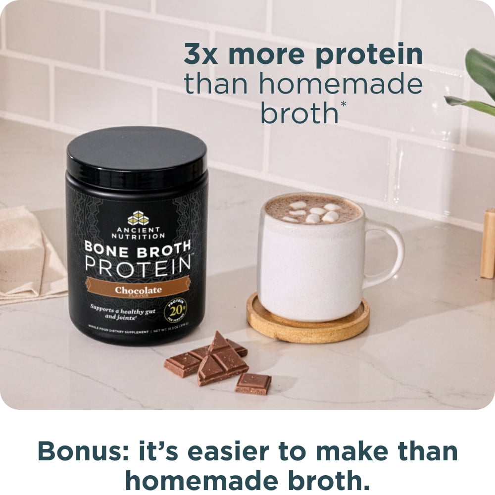 Ancient Nutrition Grass Fed, Bone Broth Protein Powder, 20g Protein, Hydrolyzed Collagen Peptides, Keto & Paleo Friendly, Supports Joint, Gut Health, Chocolate, 15 Servings