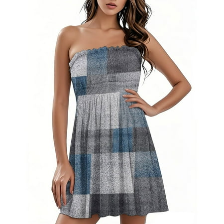 OAMDNDEA Vacation Dresses for Women 2025 Strapless Color Block Tube Top Dress Summer Sleeveless Sun Dresses Sexy Plus Size Off the Shoulder Beach Coverups Beach Vacation Clothes Multicolor S