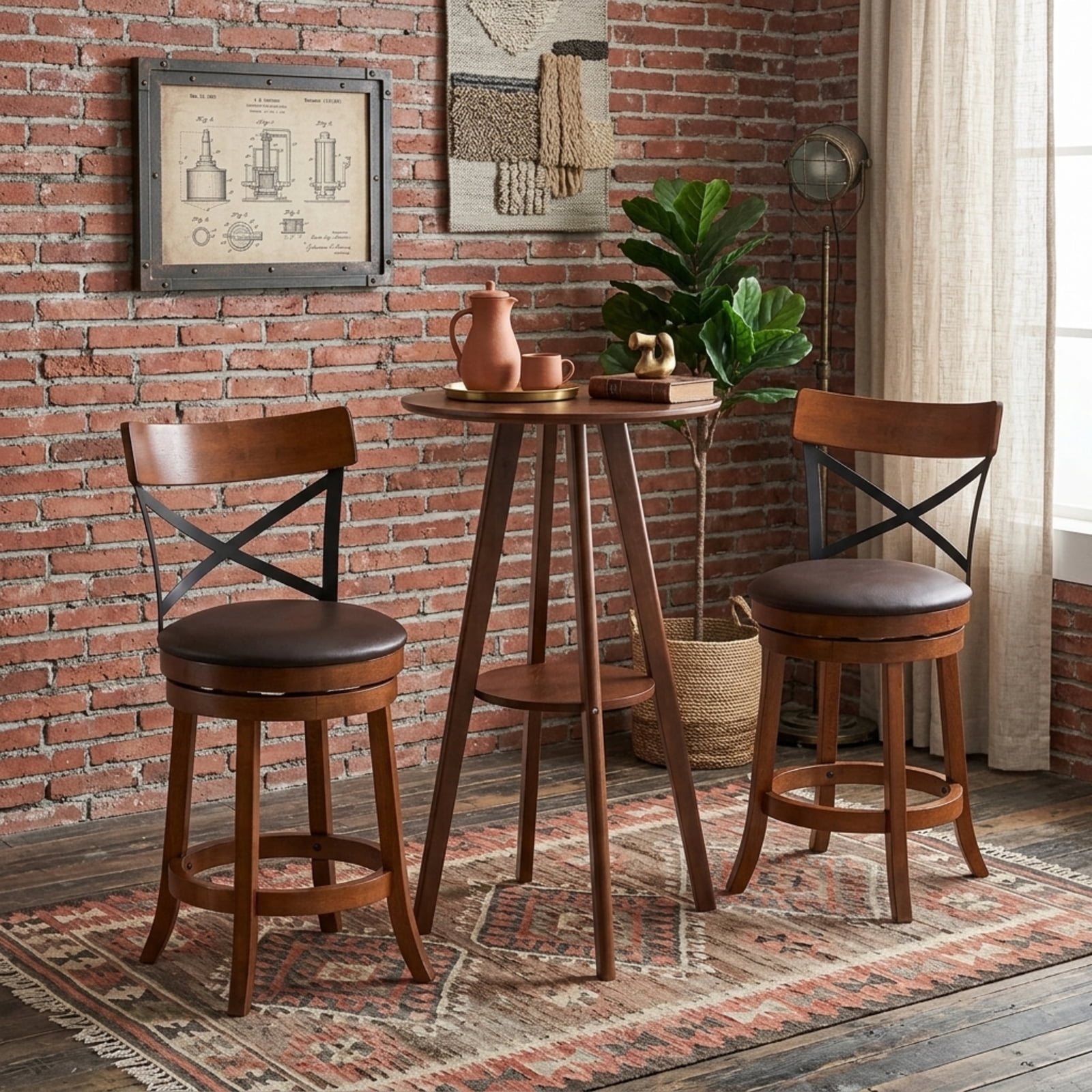 Furnibear Set of 2 Bar Stools 360-Degree Swivel Dining Bar Chairs with Rubber Wood Legs-25 inch for Kitchen Island Counter Bar Pub Dining, Walnut