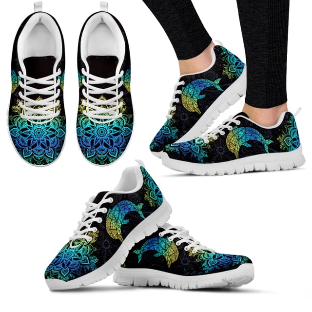 Zapatos de mandala degradado, elegantes zapatos casuales con estampado de delfines, zapatos bohemios para exteriores, zapatillas con cordones, zapatos planos