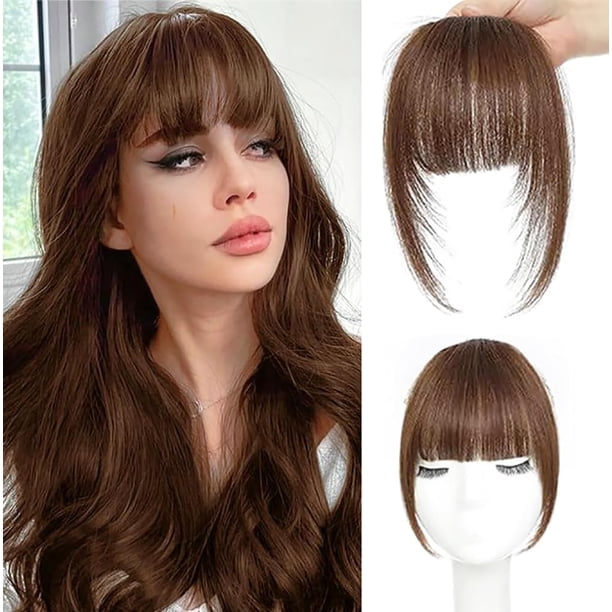 ORIGEN Flequillo con clip de cabello humano real con clip en flequillo tenue con patillas postizos extensiones de flequillo frontal falso para mujeres color marrón claro