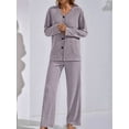 thumbnail image 5 of Women'S 2 Piece Lounge Sets Ribbed Long Sleeve Button Top Matching Pants Sleepwear Set Fall Outfits Light Purple S, 5 of 9