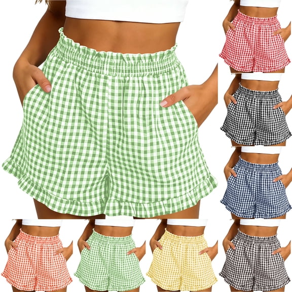 Admvng Womens Plaid Shorts High Waist Side Pockets Summer Casual Wear