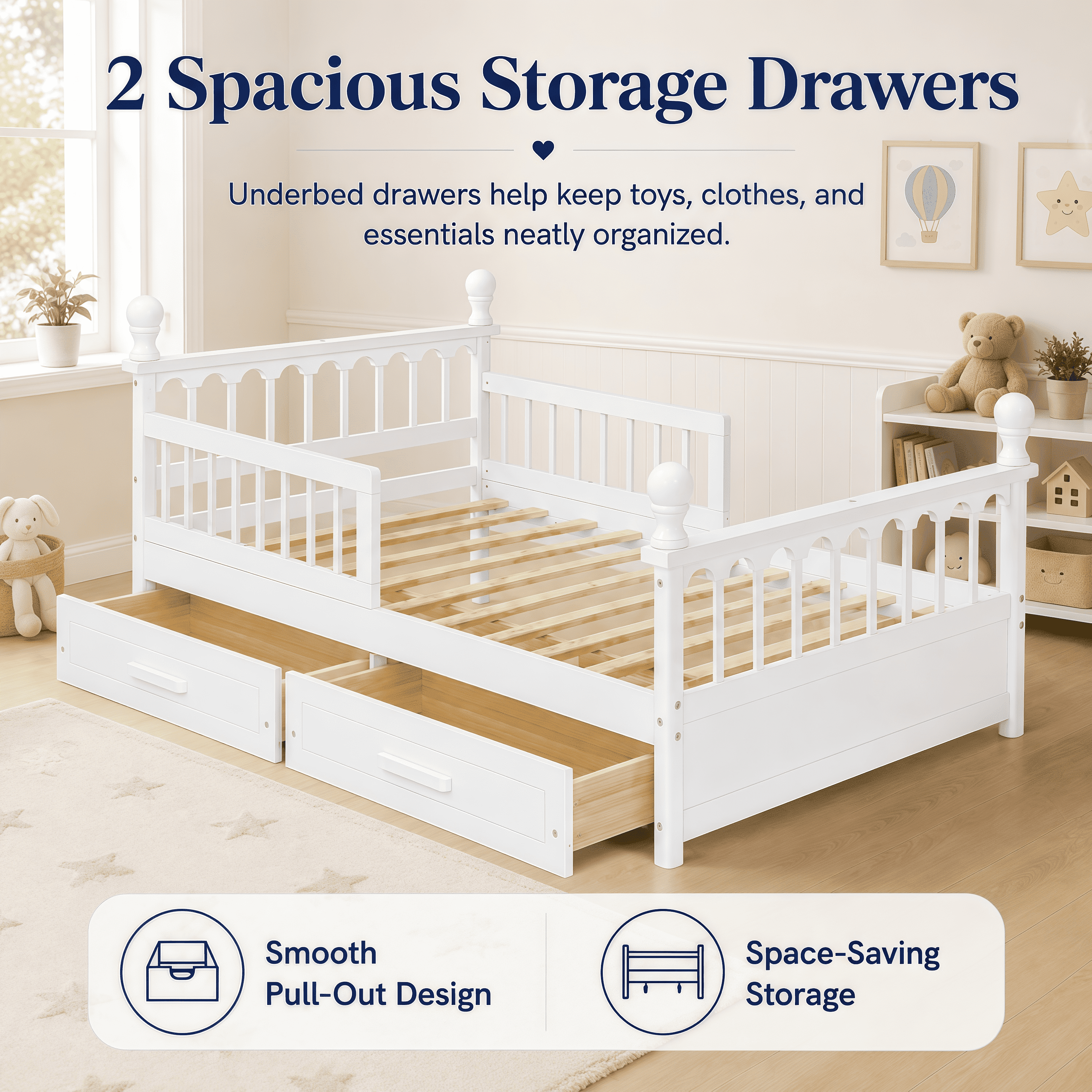 Euroco Wood Twin Size Platform Bed with Drawers, Low Profile Kids Bed with Safety Guardrails, No Box Spring Needed, White