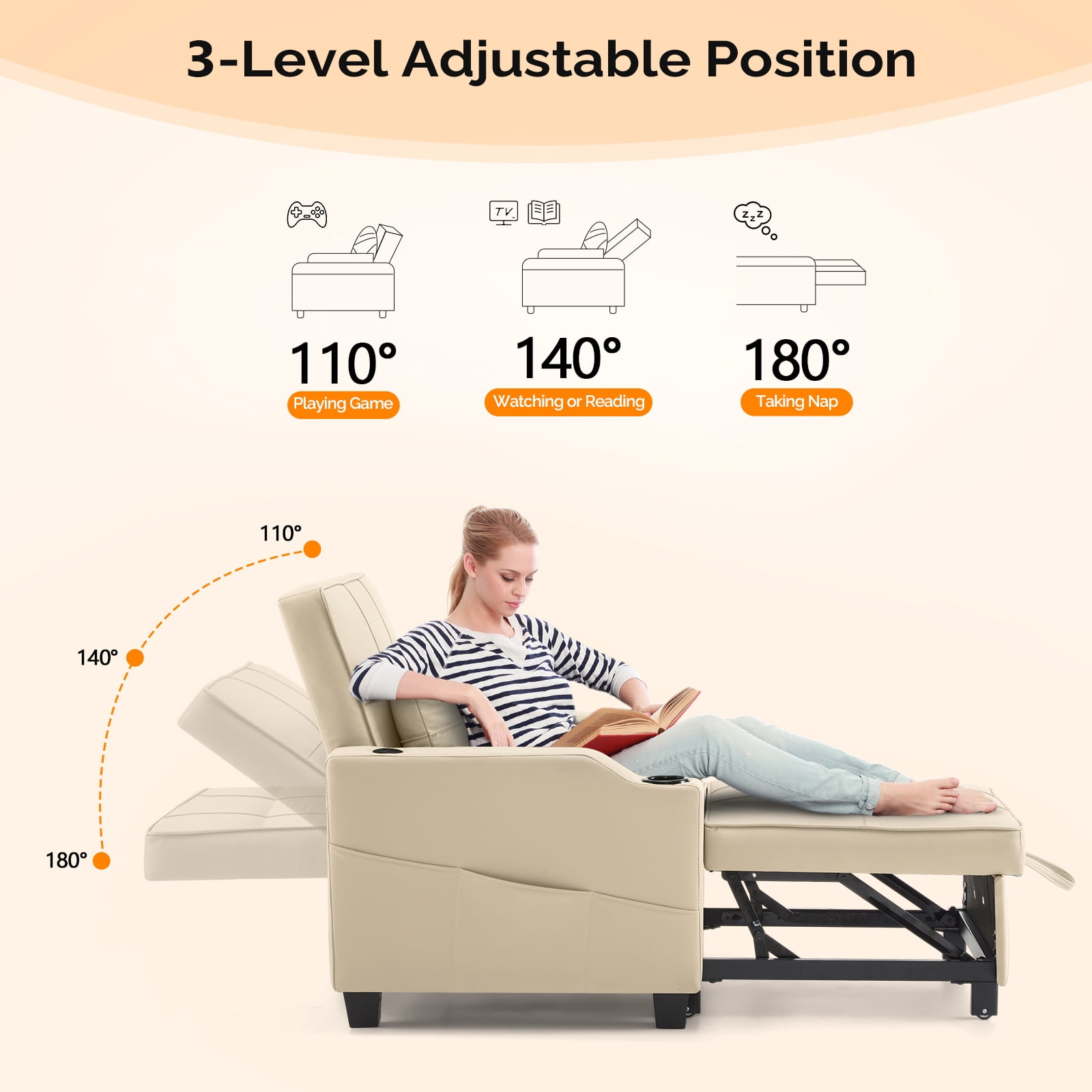 Ktaxon Sleeper Sofa Bed Convertible Chair Faux Leather 3-in-1 Futon Sofa with Lumbar Pillow for Living Room Bedroom Office Apartment Furniture Beige