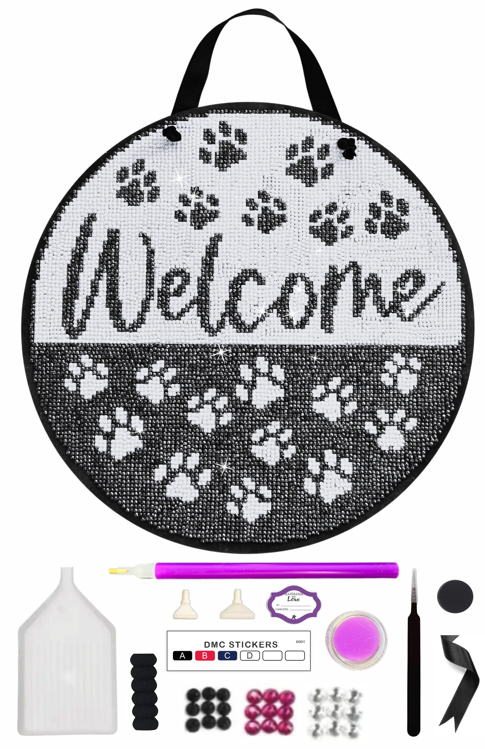 Diamond Painting Kit, Dog And Cat Paw Print Welcome Sign, 14 Piece Kit