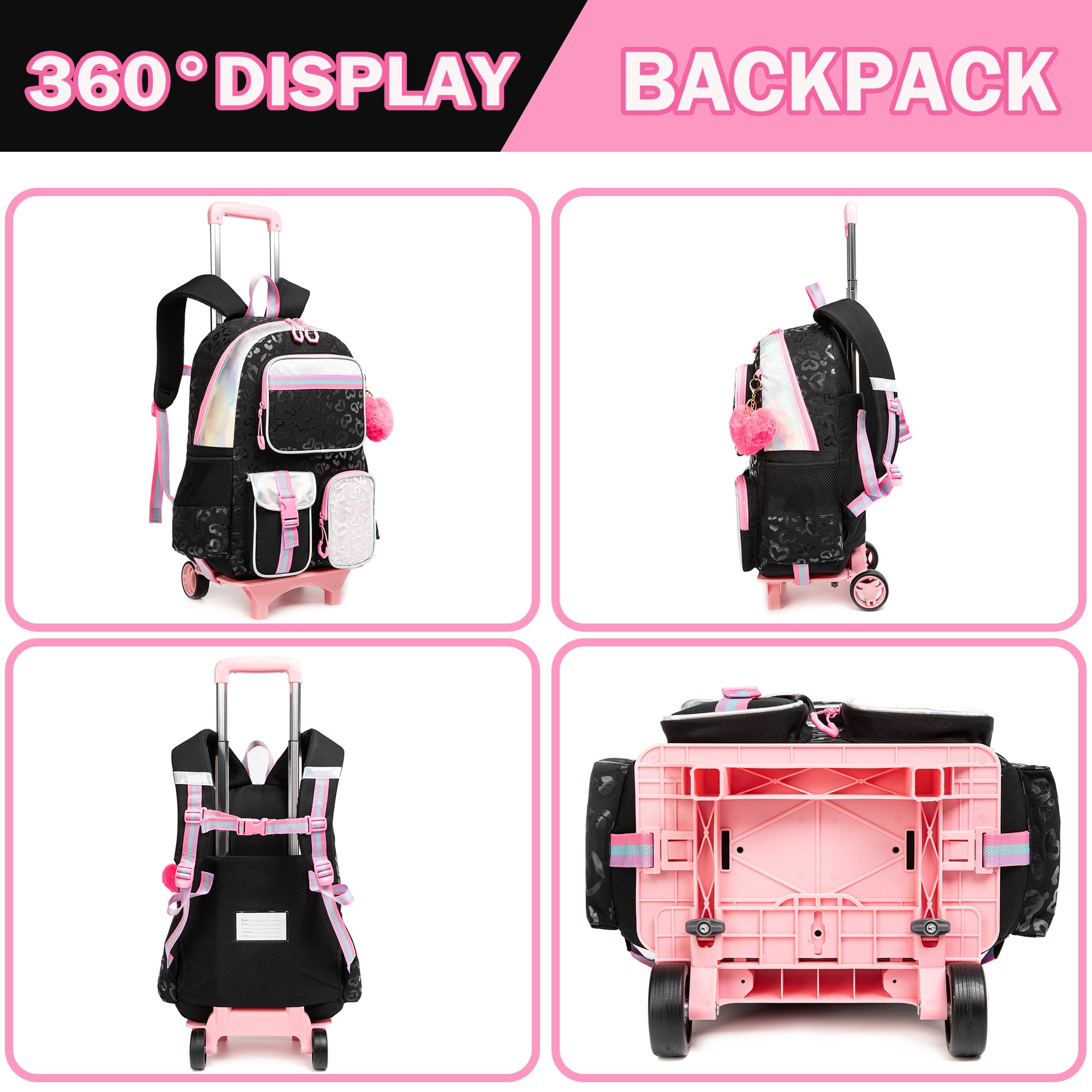 Rolling Backpack for Girls with Wheels,Wheeled School Bags for Elementary Students Trolley Bookbag for Ages 8-10 17 Inch