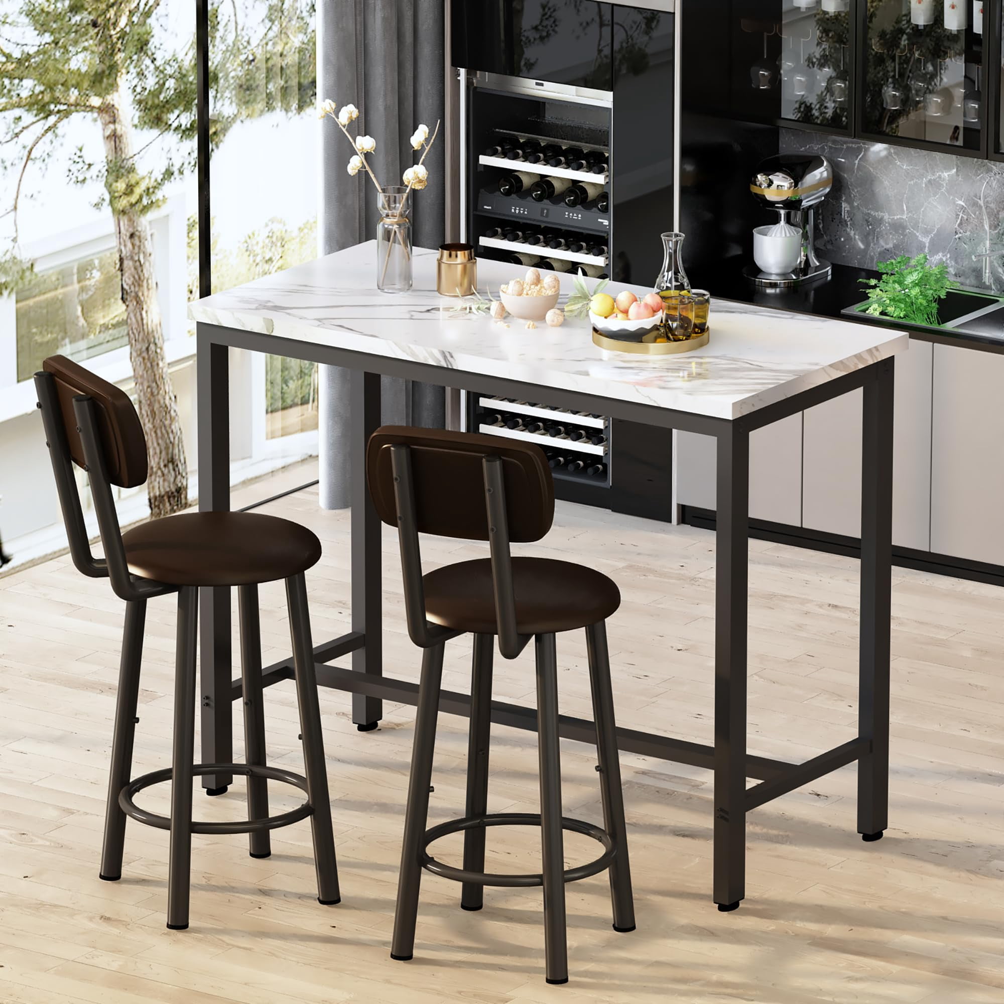 LinkRomat Dining Table Set for 2, Farmhouse Rectangle Kitchen Table with 2 PU Leather Upholstered Stools, Dinette Set for Small Space for Dining Room