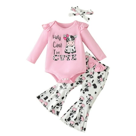 

Sobgg25 Girls Long Sleeve Romper Bodysuit Cartoon Dairy Cow Prints Bell Bottoms Pants Outfits Size 9-12 Months