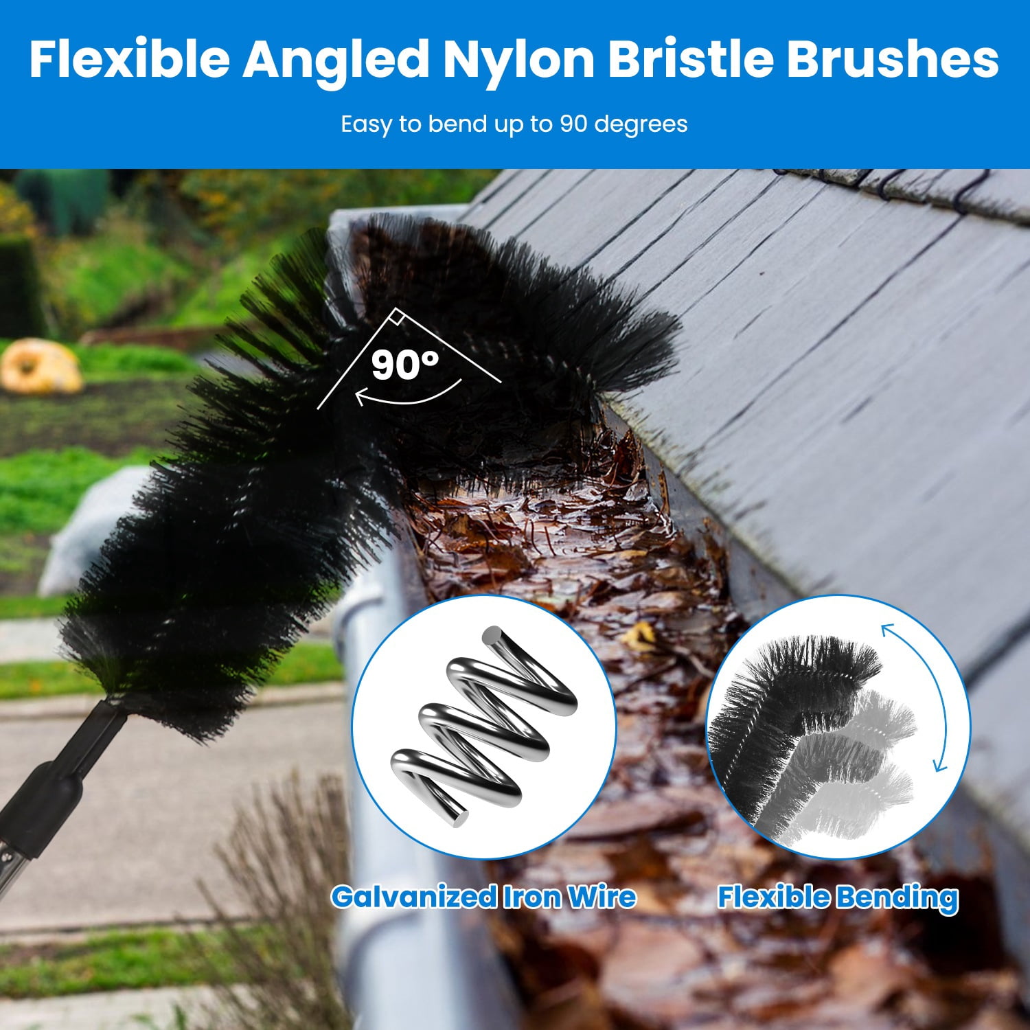 10.5FT Gutter Cleaning Brush With Telescoping Handle Rain Gutter Cleaner Extendable Gutter Cleaning Tool From The Ground with 2 Angled Brushes Anti-slip Gloves Goggles