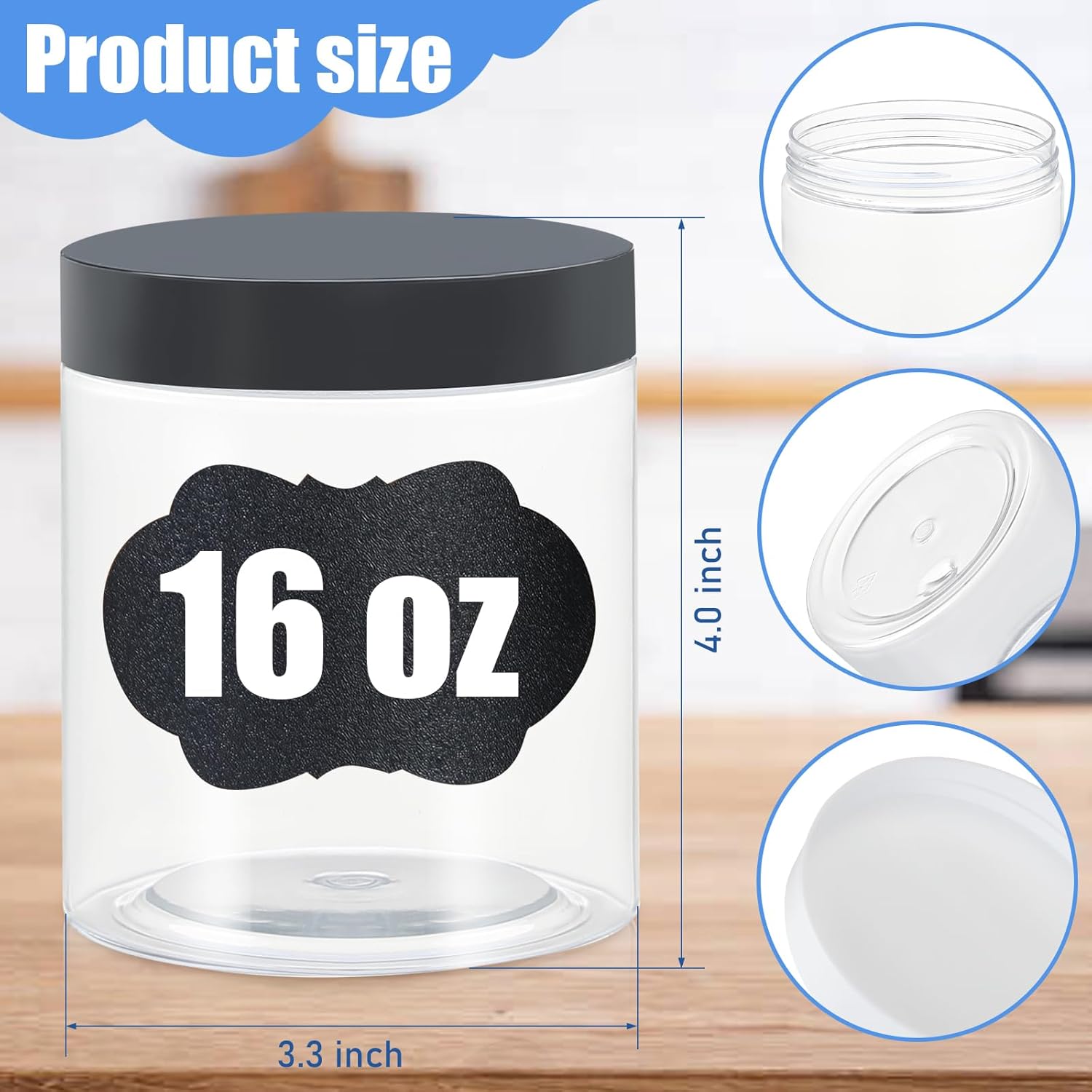 Plastic Jars with Lids, 16 oz Containers Lids Clear Airtight Container Storage Jar Mason for Dry Food Peanut Butter Honey Jam Cosmetics, Pack of (16 PCS Black Lids)