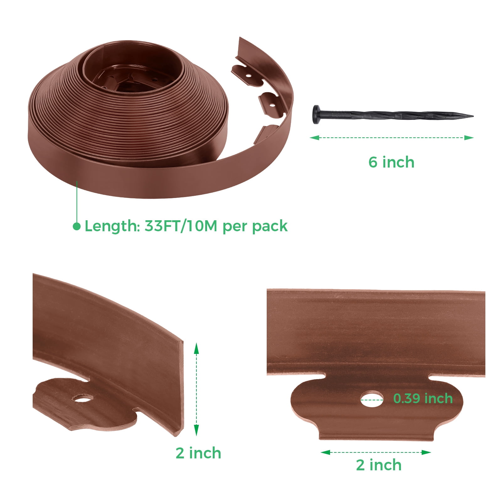 2-inch x 33 ft Landscape Edging Border with 50 Spikes, No Dig Garden Edging Lawn Border Kit, Plastic Flexible for Garden Flower Beds Lawn (Brown)