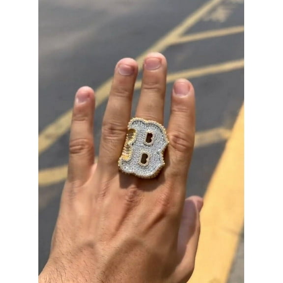 Customized Initial B Letter Natural Moissanite Diamond Hip Hop Men's Ring in 14K White Gold Plated