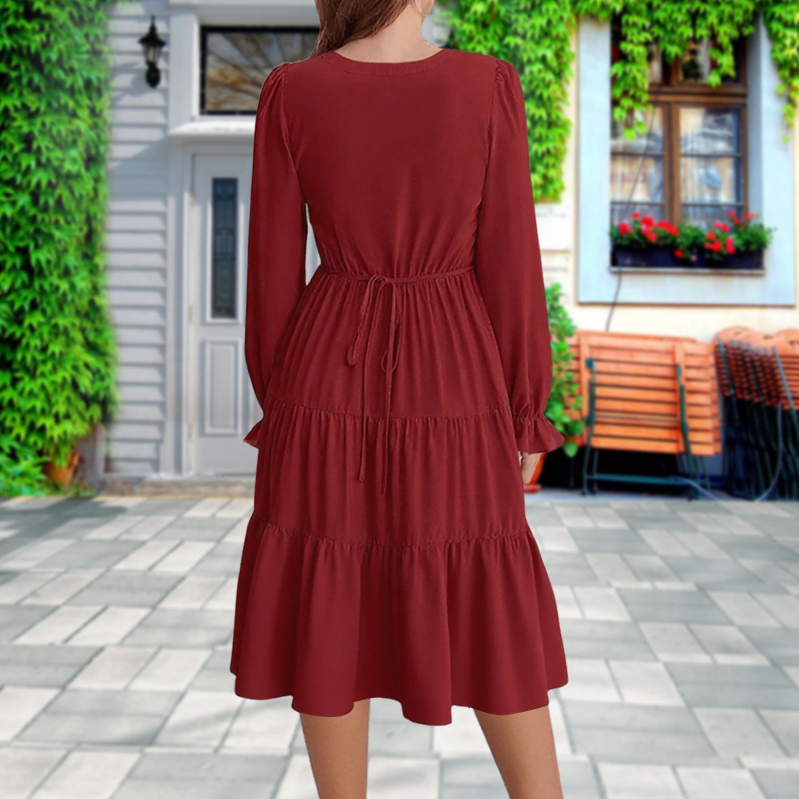 Arnsht Long Sleeve Dress for Women 2025 Spring Fall V Neck Tiered A-line Spring Elegant Modest Flowy Wedding Guest Maxi Dresses Red L