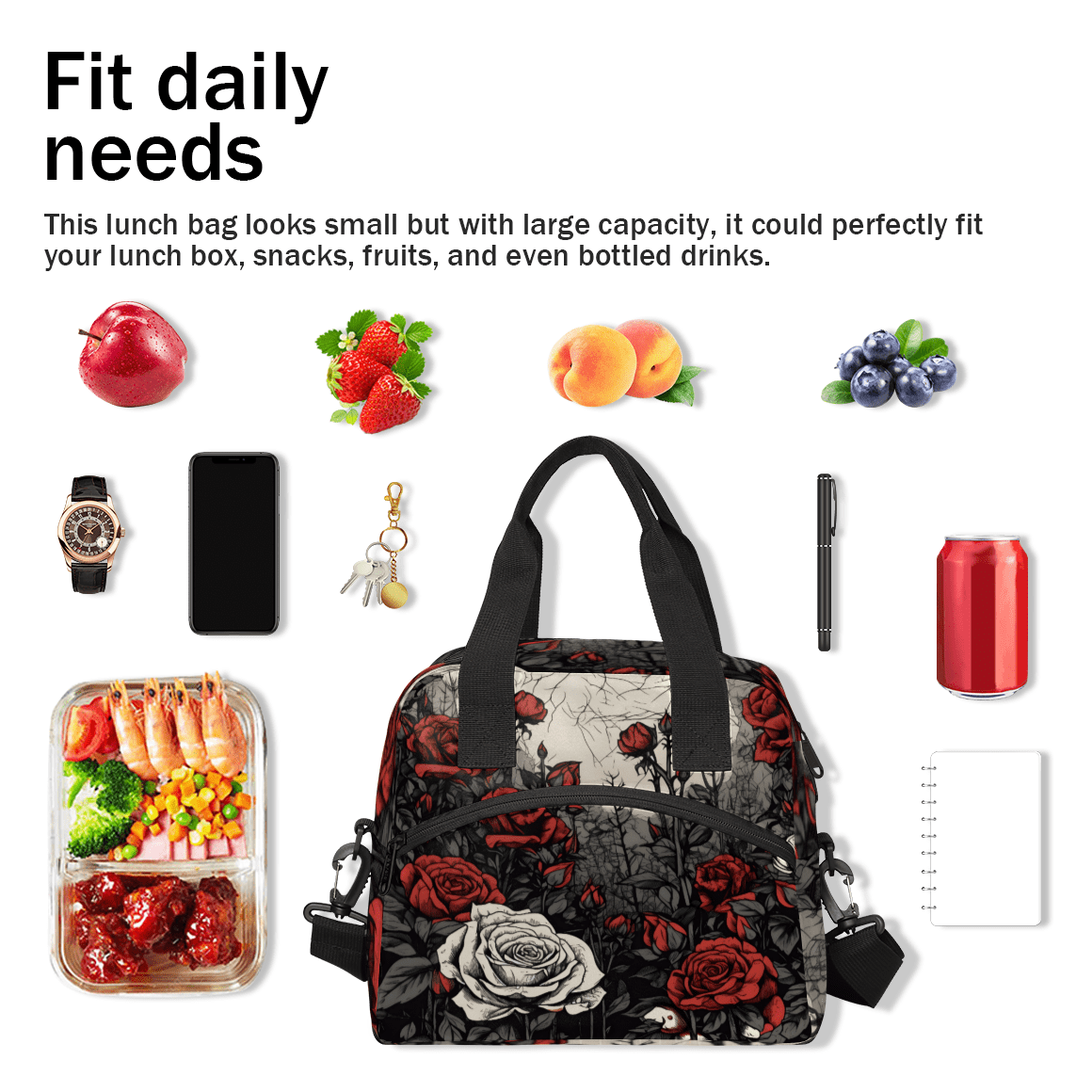 Herdesigns Rose Insulated Lunch Bag for Women Men Adults Large Reusable Lunch Box Vintage Floral Flower Leakproof Cooler Tote Bags with Adjustable Shoulder Strap