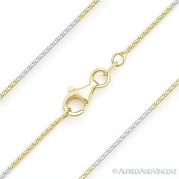 1mm Snake Link D-Cut Sparkle Chain Necklace in 2-Tone .925 Sterling Silver w/ 14k YG & Rhodium