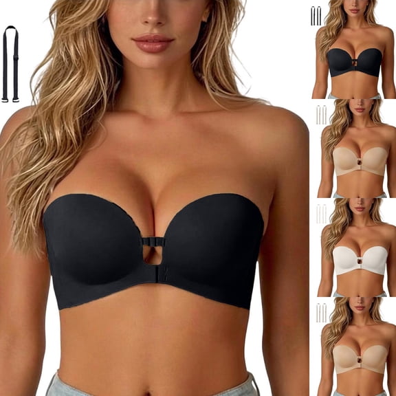 ibiyuan Front Closure Bras for Women Strapless Bra with Detachable Shoulder Straps Non Slip Push Up No Underwire Bandeau Bras