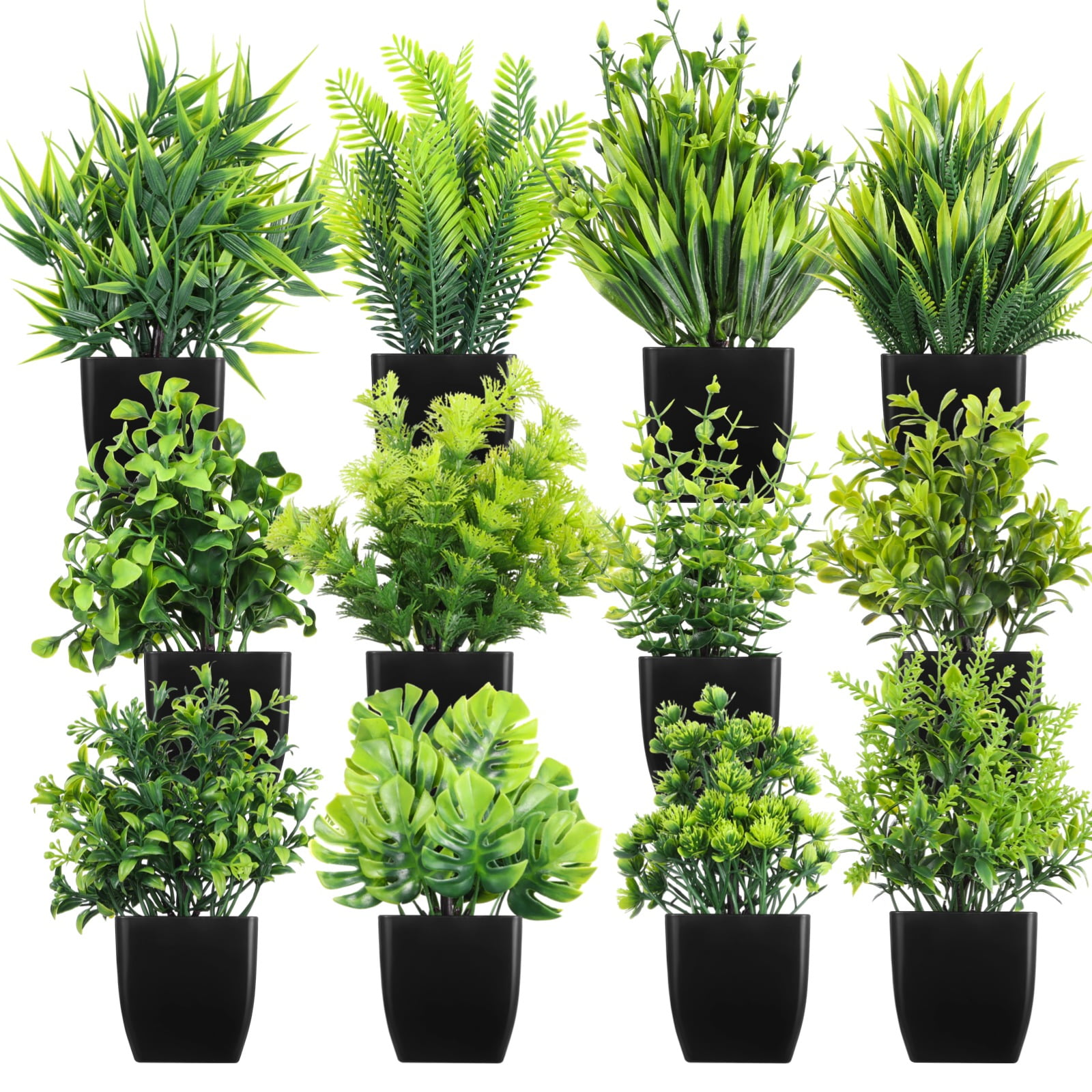 12 Pcs Fake Plants in Black Pots, Mini Artificial Eucalyptus Potted Plants, Small Realistic Faux Greenery Fern Plants for Living Room, Bathroom, Office Table Decor