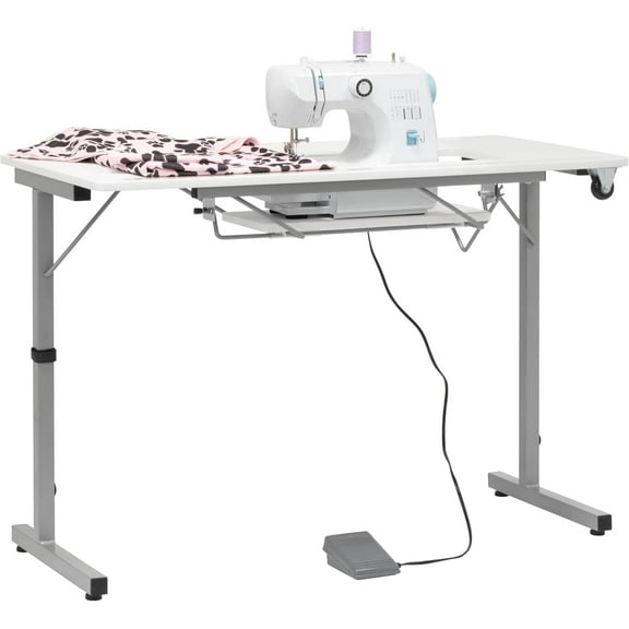Rollaway II Compact Portable Folding Sewing Table, Silver/White
