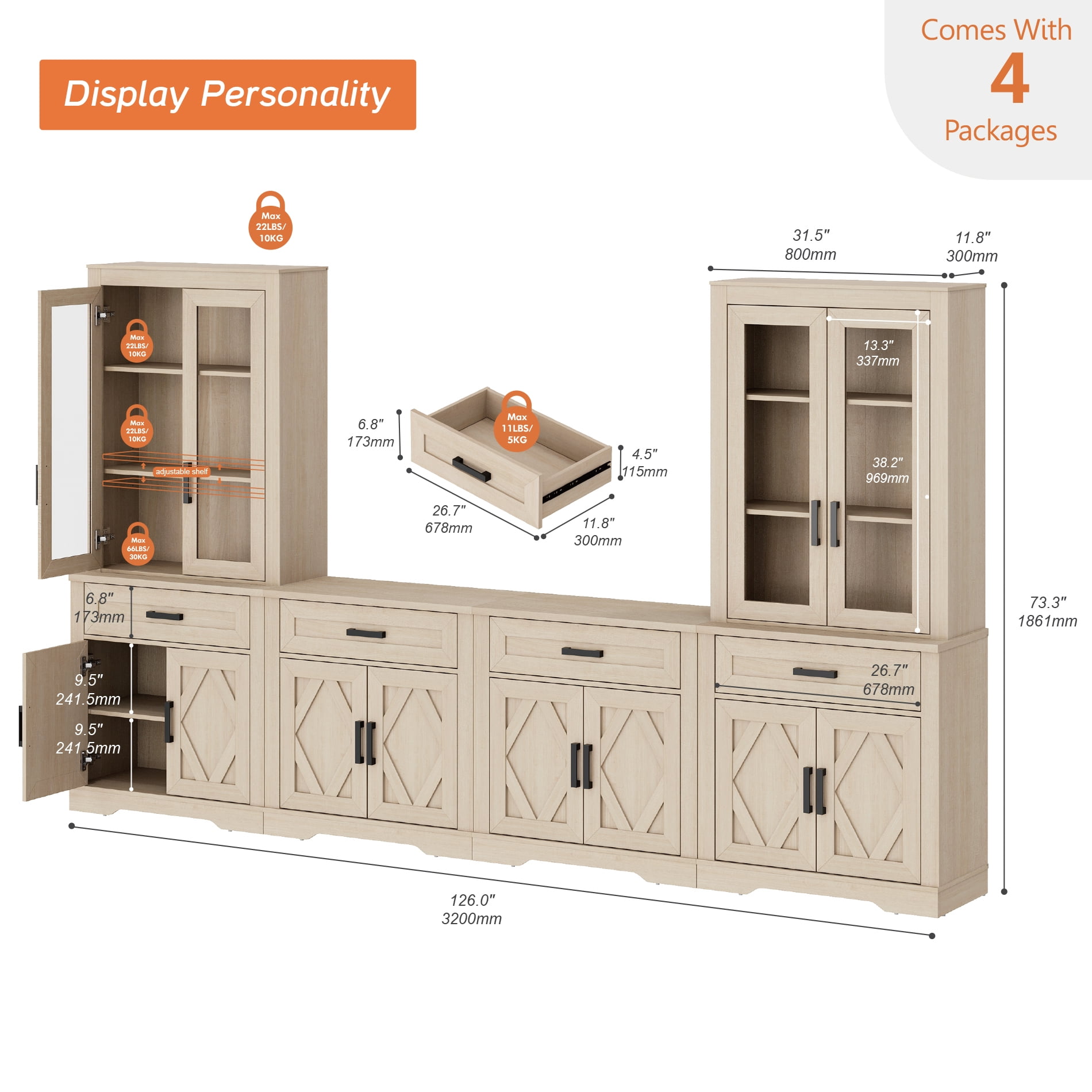 WAMPAT Farmhouse Entertainment Center with Bookshelf for TVs up to 70",Mid Century Modern TV Stand with 73"H Tall 5-Tier Bookcase with Open Storage and Barn Doors for Living Room,Bedroom,Beige