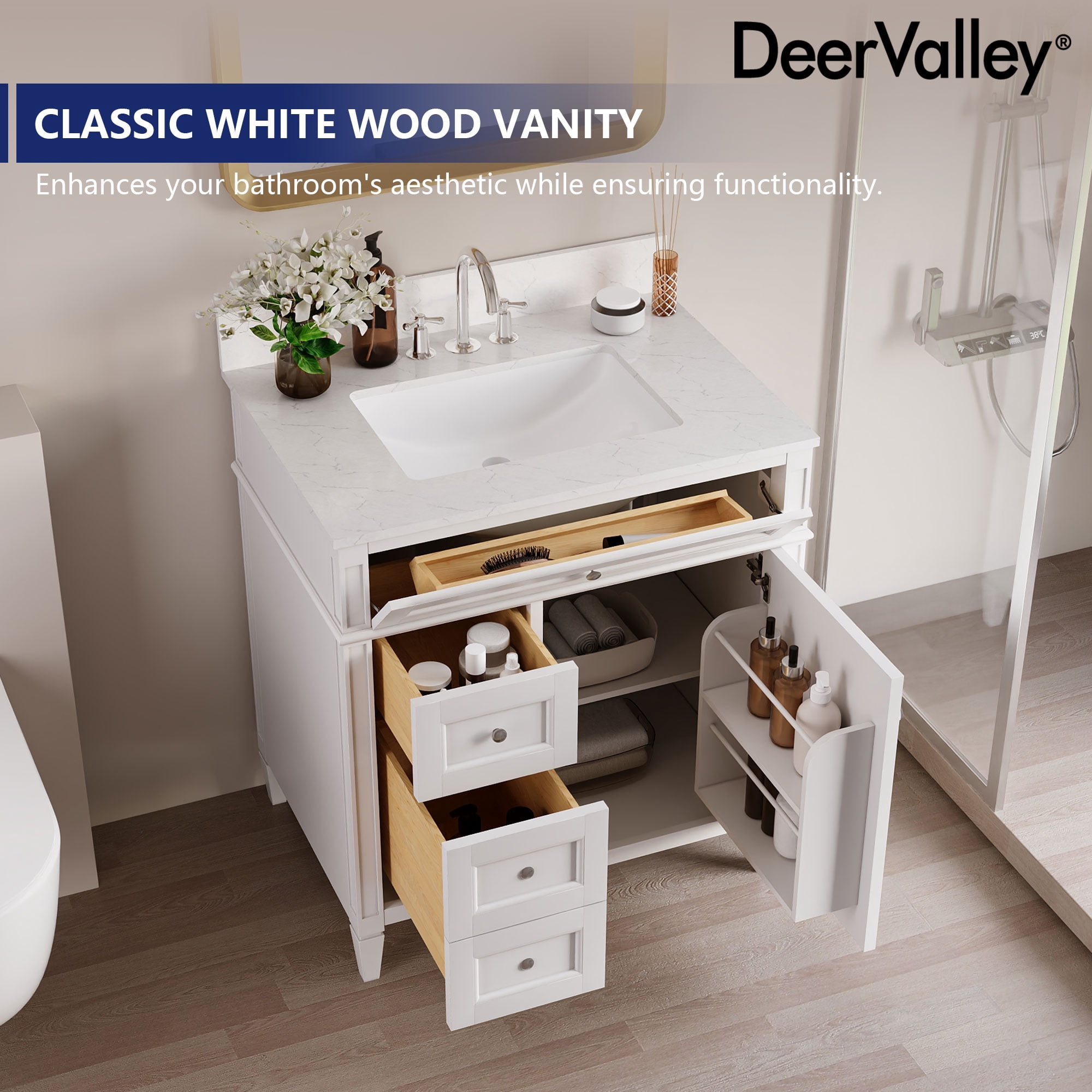 DeerValley Bathroom Vanity 30 Inch Bathroom Vanity with Sink and Backsplash, Pre-Assembled Modern Bath Cabinet with Storage, Soft Close Doors, White