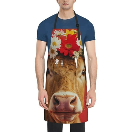 

Lukts White And Red Daisy Cow Pattern Kitchen Cooking Aprons Adjustable Bib Soft Chef Apron with 2 Pockets for Men Women