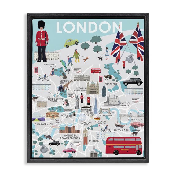 Stupell Industries Contemporary London Landmark Map Black Floating Frame Canvas Art, 17 x 21, by Betty Boynes