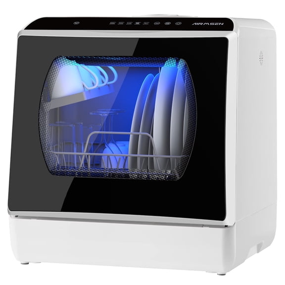 AIRMSEN Portable Countertop Dishwashers, Compact Mini Dishwasher Machine with 5L Built-in Water Tank & Inlet Hose, 5 Programs, White/Black