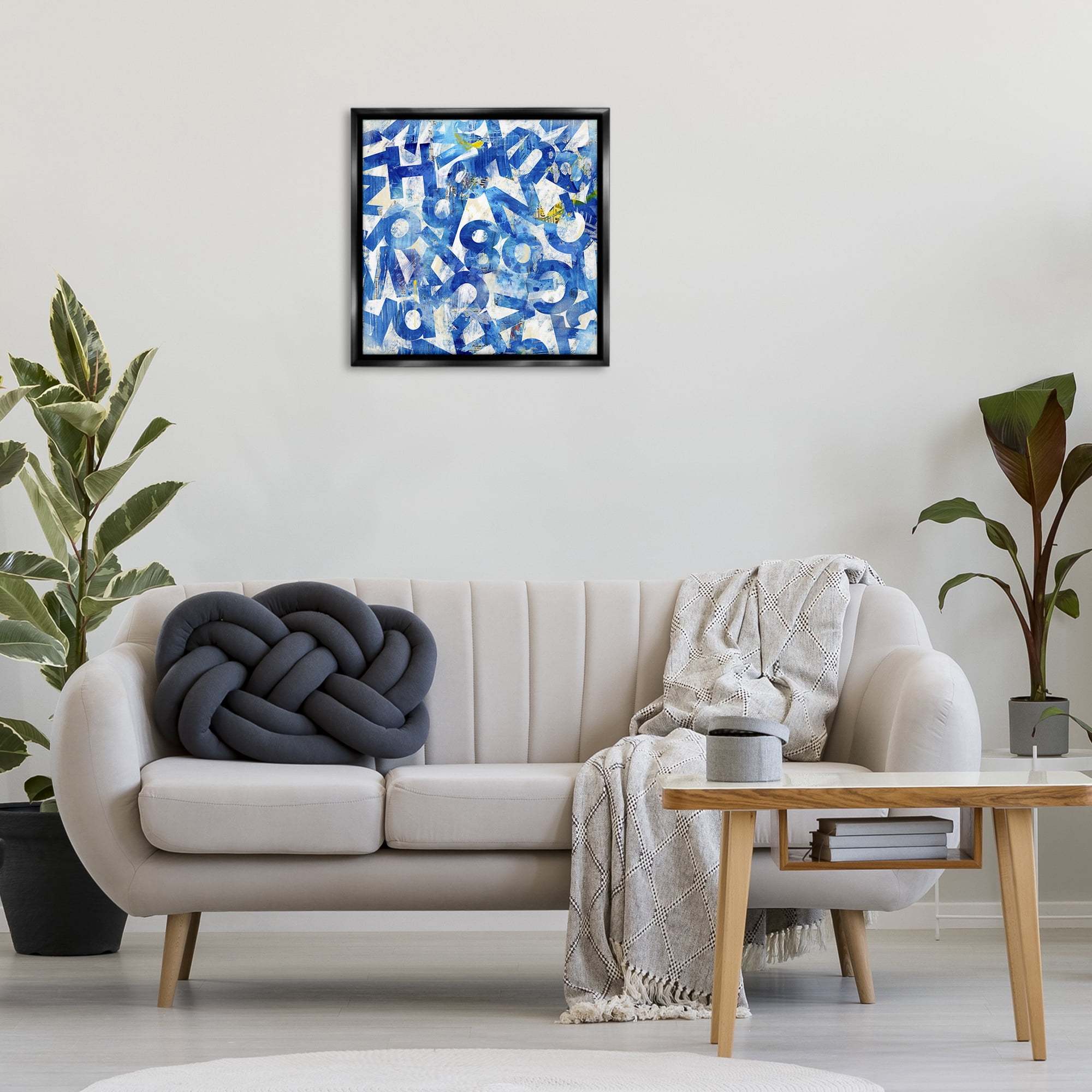 Stupell Industries Blue Typography Collage Abstract Painting Black Floater Framed Canvas Art Print Wall Art, 25 x 25