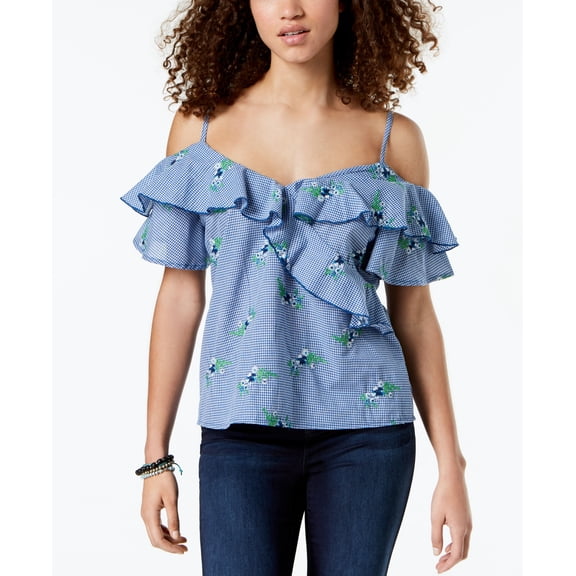Gypsies Moondust Juniors Ruffled Gingham Off The Shoulder Blouse Bluewhite Gingham L