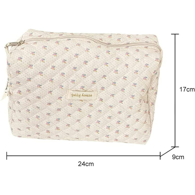 Cotton Makeup Bag, Large Travel Cosmetic Pouch Quilted Toiletry Bag  Aesthetic Cute Floral Pattern Makeup Bag for Women, Blue