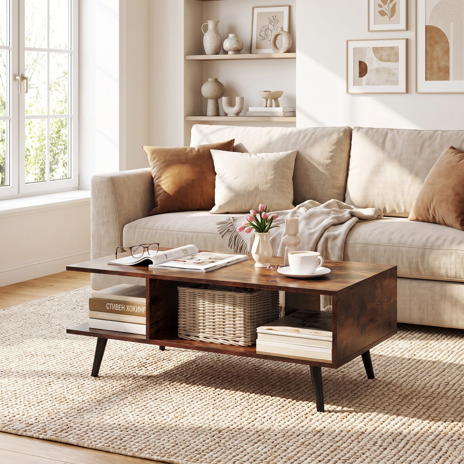Furnibear Mid Century Modern 2-Tier Rectangle Coffee Table with Two Open Compartments and Tapered Metal Legs for Living Room, Rustic Brown