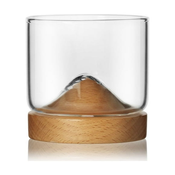 Graflsoa Elegant Japanese Mountain Design Thickened Heat-Resistant Whiskey Glass with Wooden Base, Perfect for Home Bar or Gift (Single Piece)