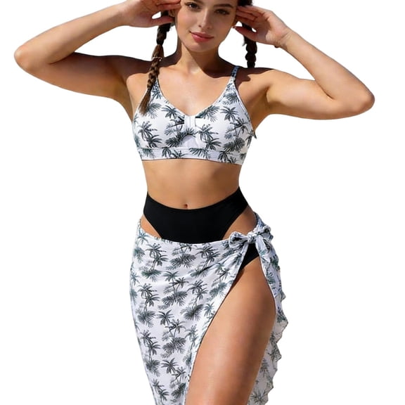 Hellosay 3 Piece Swimsuit Girls Spaghetti Straps Bikini Summer Bathing Suit Palm Tree Beach Swimwear Size 13-16 Black