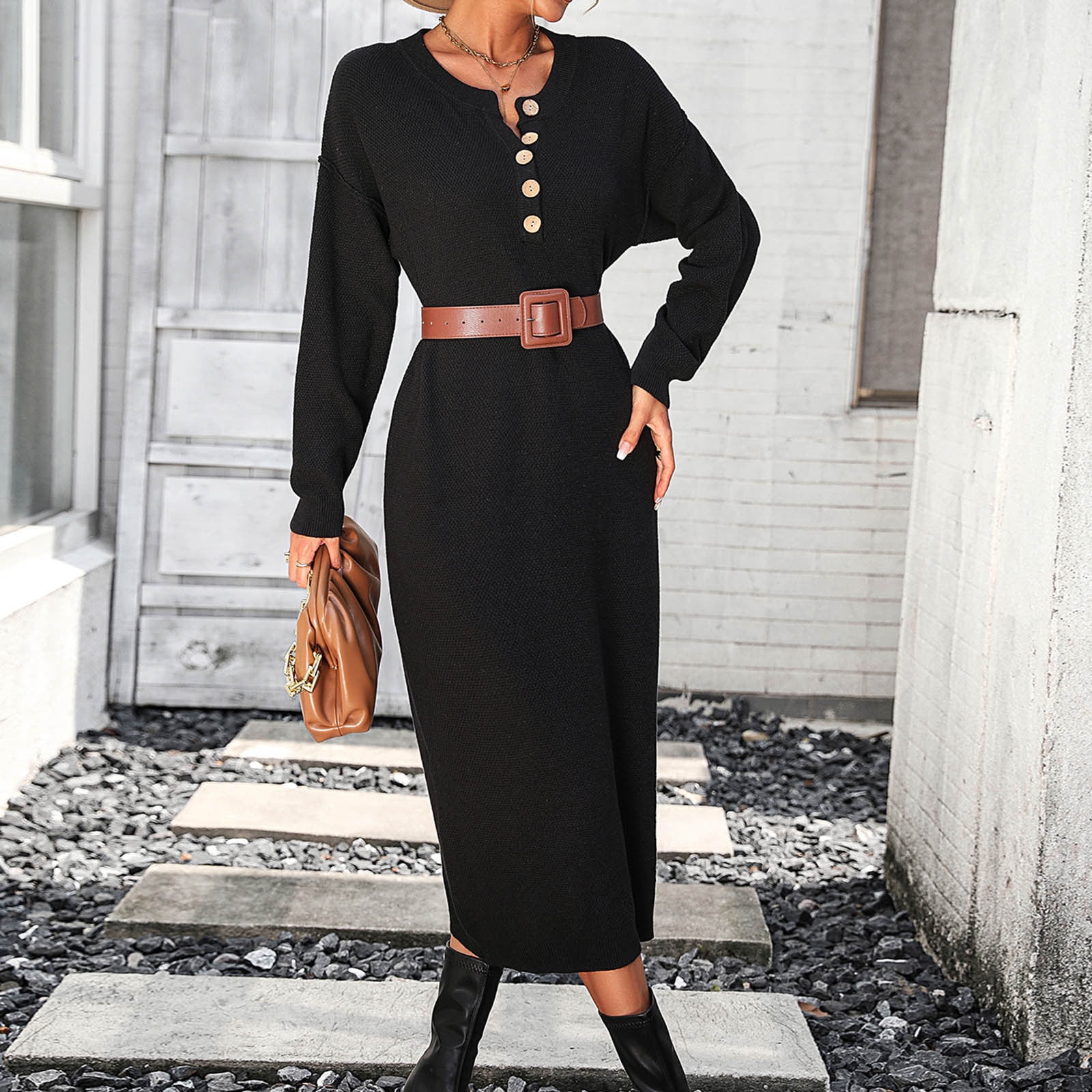 Women Sweater Dress Long Sleeve Button V Neck Oversized Casual Loose Fall  Waffle Knit Long Dress Midi Dress for Women Bodycon Wrap Dress Black M -  Walmart.com