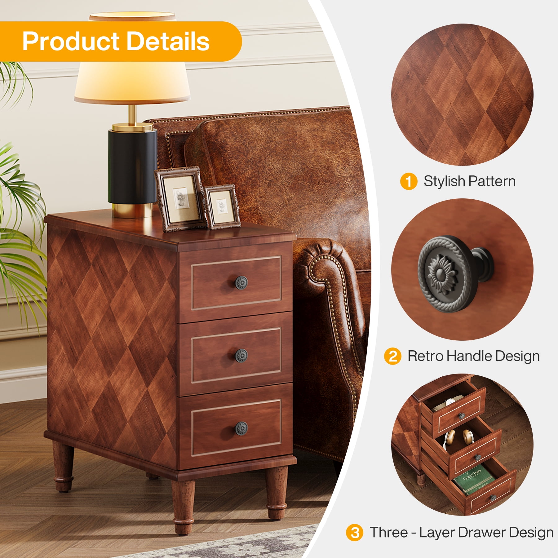 Fnova Side Tables with 3 Drawers, No Assembly Required, Narrow End Tables for Living Room, Nightstand Bedside Table for Bedroom, Walnut