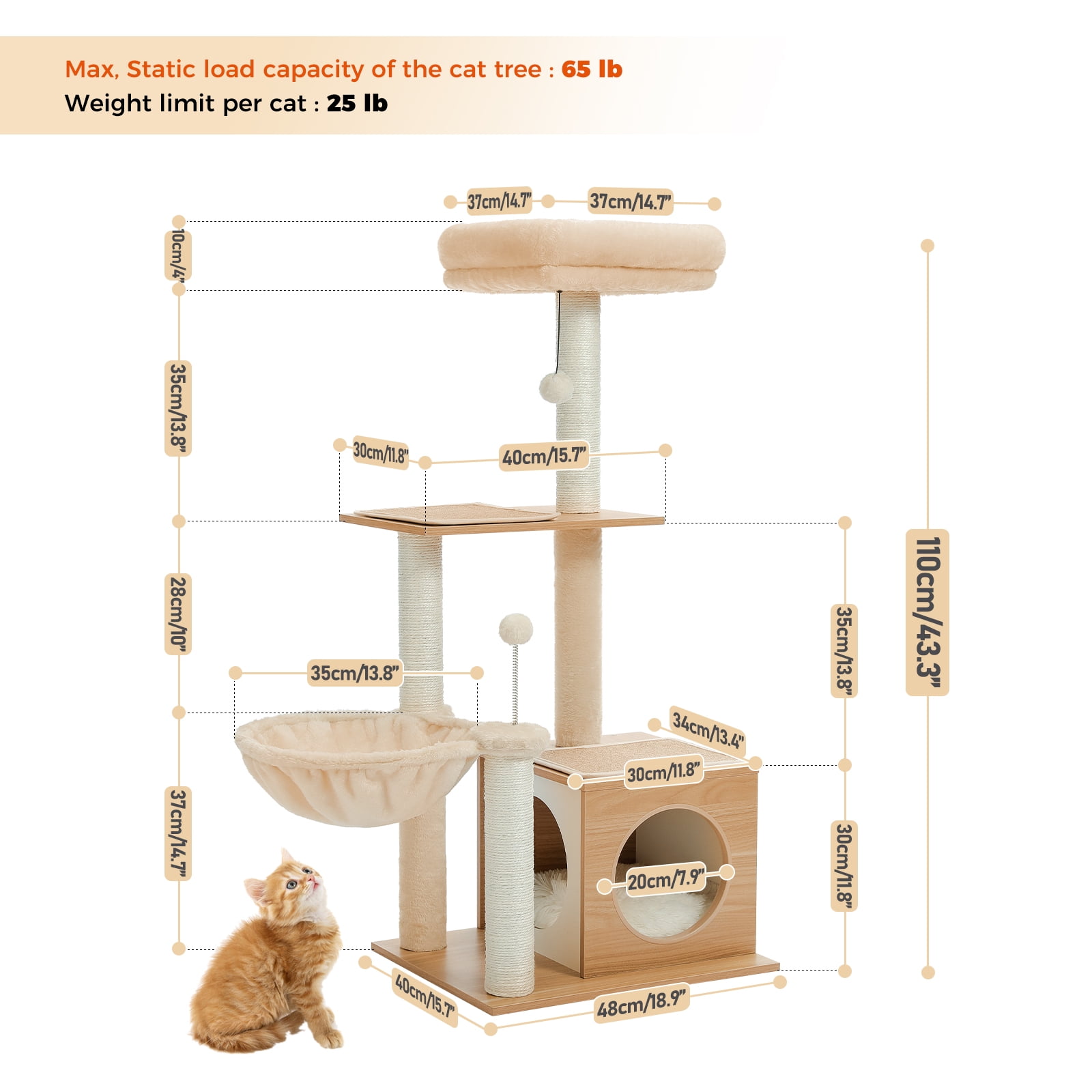 Pefilos 43" Modern Cat Tree for Indoor Cats,Multilevel Play House Cat Tower with Cat Condo, Scratching Post, Cozy Hammock and Plush Pompom, Beige