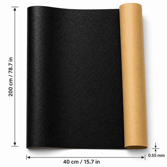 Black Self-Adhesive Leather Repair Patch, Pebbled Texture Faux LeatherRepair Tape, 40 x 200 cm, 0.55mm Thick, for Sofa, Car Seats, Furniture Upholstery