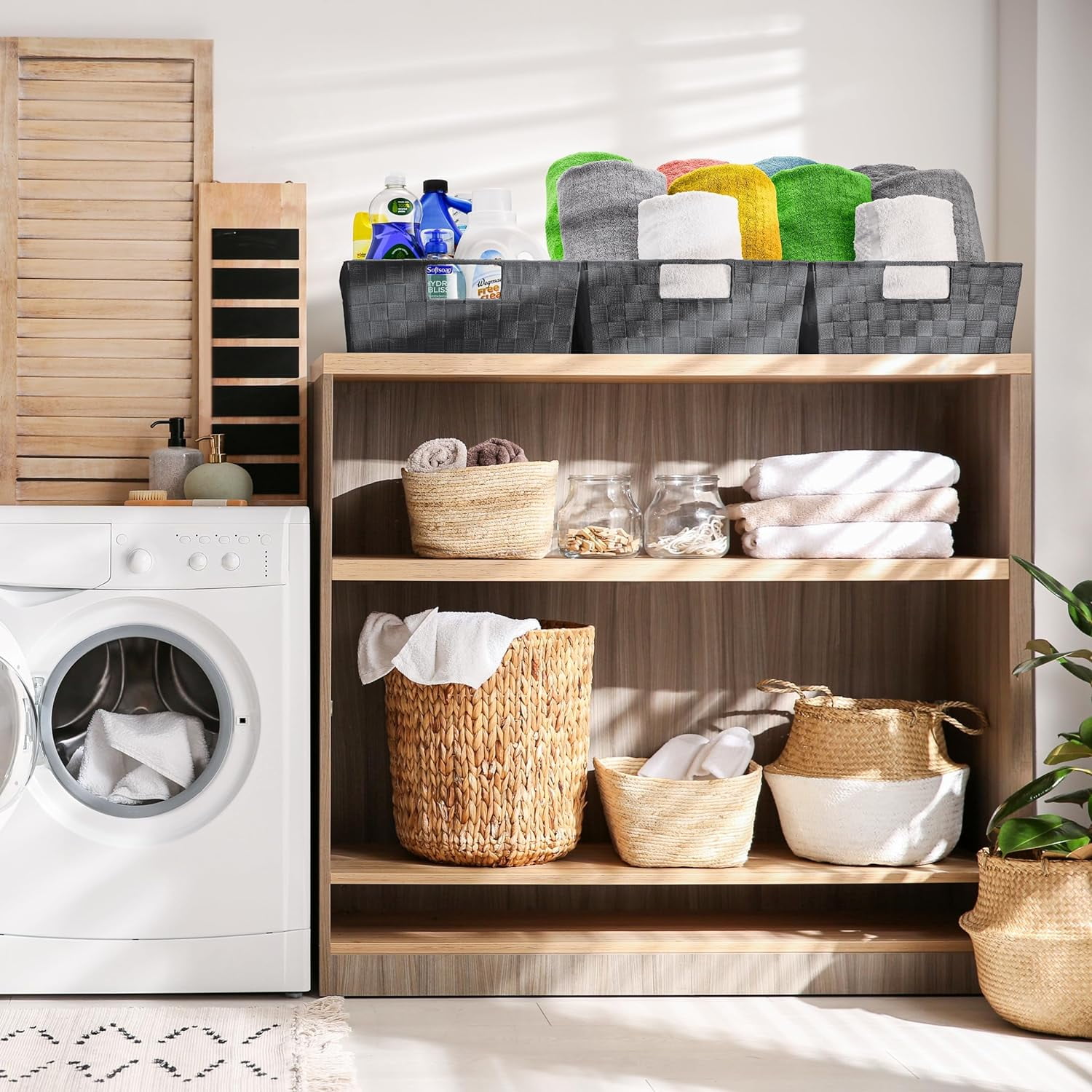 Sorbus Woven Basket Bin Set - Shelf Storage Tote Baskets for Household Items - Stackable with Woven Straps & Built-in Carry Handles (Gray)