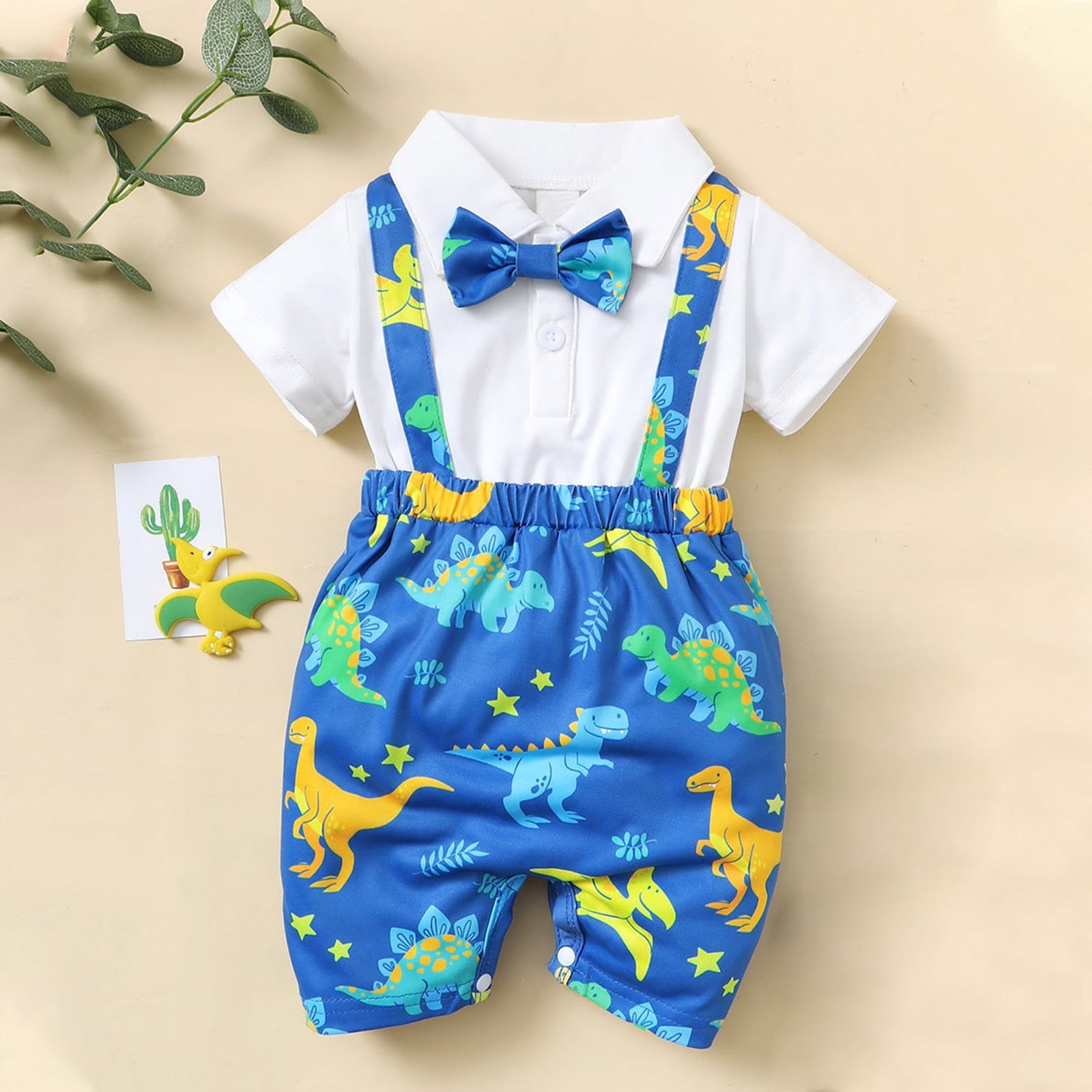Baby Boy Dinosaur and Letter Print Splicing Short-sleeve Snap Romper