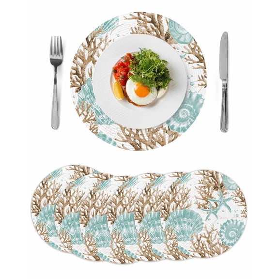 Green Coastal Seashells Round Placemats Set of 6 for Dinning Tables,Heat-proof Braided Table Mats 13 Inch,Nautical Brown Coral Starfish Washable Place Mat for Kitchen Restaurant Party Table Decor