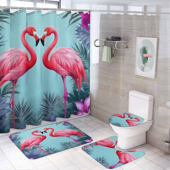 Flamingo Love Tropical Print Shower Curtain Sets Non-Slip Rugs Bath Mat Toilet Cover U Shaped Mat 4 Pcs